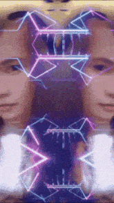 a computer generated image of a person 's face with purple and blue lights behind it