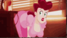 a cartoon of a woman in a pink dress looking surprised