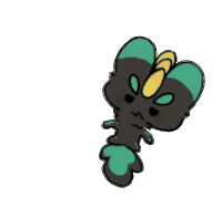 a cartoon drawing of a black and green butterfly with a yellow horn on its head .