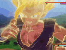 a close up of a person playing a video game with a yellow haired character .