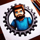 a drawing of a man with a beard in a gear surrounded by colored pencils