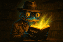 a frog wearing glasses and a hat is reading a book titled fintech x crypto