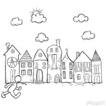 a black and white drawing of a row of houses with clouds in the background