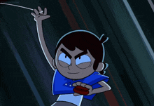 a cartoon character with a blue cape is holding a rope