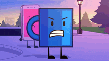a cartoon character with an angry face stands next to a cell phone