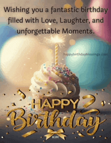 a birthday card with a cupcake with a lit candle
