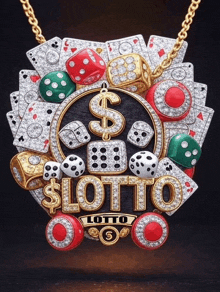 a necklace with dice dice cards and a dollar sign that says slotto lotto