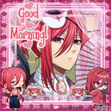 a picture of a girl with red hair and the words " good morning "