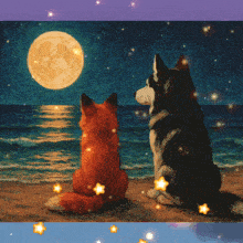a fox and a husky are sitting on the beach looking at the full moon