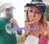 a man in a green shirt singing into a microphone next to a woman wearing headphones and the words dj luca & luce