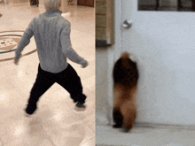 a man in a blue sweater is dancing next to a picture of a dog standing next to a door
