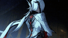 a woman in a white dress is holding a sword in her hand .