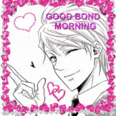 a black and white drawing of a man with the words good bond morning above him