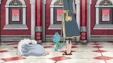 a man and a cat are standing in a room with red pillars