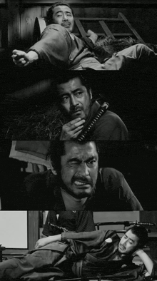 a black and white photo of a man with a samurai sword on his shoulder