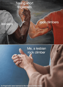 a painting of two men shaking hands with the caption having short fingernails lesbians rock climbers me a lesbian rock climber