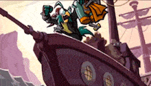 a cartoon illustration of a pirate ship with a monkey on the side .