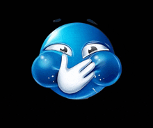 a blue smiley face is covering its mouth with a white hand