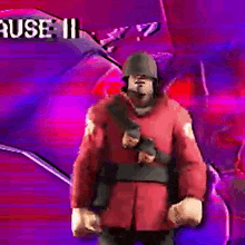 a man in a red jacket and helmet is standing in front of a purple background .