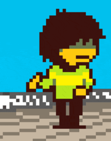 a pixel art of kris from undertale standing on a checkered floor .