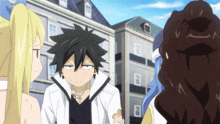 a group of anime characters are standing in front of a building and one of them has a cross around his neck