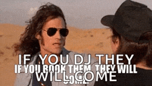a man in sunglasses is talking to another man in a hat .