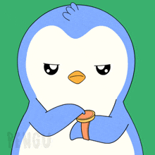 a blue and white penguin is holding a watch with the word pengu on the bottom right