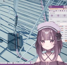 a girl with purple hair is in front of a roller coaster and the word maid is on the screen