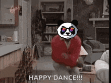 a panda wearing sunglasses and a red jacket is dancing in a living room