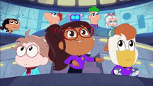 a group of cartoon characters including a girl wearing glasses and a duck
