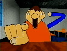 a cartoon character with a surprised look on his face points at the camera