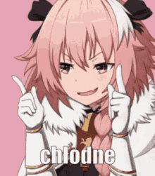 a girl with pink hair and white gloves is giving a thumbs up sign .