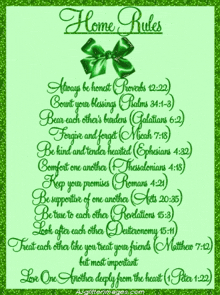 a green greeting card with the words home rules on it