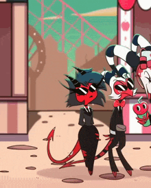 a couple of cartoon characters standing next to each other with one holding a drink