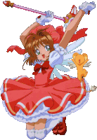 a girl in a red dress is holding a wand and a cartoon character is behind her