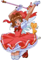 a girl in a red dress is holding a wand and a cartoon character is behind her