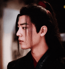 a close up of a man 's face with long hair and a ponytail