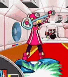 a cartoon character in a pink dress is holding a key in a room .