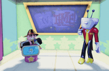 two cartoon characters are standing in front of a tv screen that says tv time