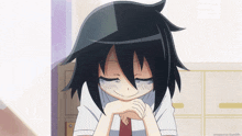 a girl with black hair is smiling with her eyes closed and the words masacrex.tumblr visible in the corner