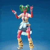 a girl with green hair and red skin is standing with her hands up in the air