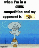 squidward from spongebob is standing on the beach with his arms crossed