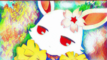 a colorful drawing of a white rabbit with red eyes