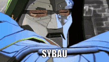 a cartoon of a robot with sybau written on the bottom