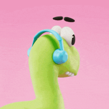 a green dinosaur wearing blue headphones with a black eye