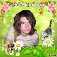 a picture of a man surrounded by flowers with the words good morning written on it
