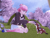 a girl with pink hair is kneeling down and petting a cat in a video game .