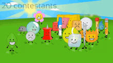 a group of cartoon characters standing in a field with the words " 20 contestants " above them
