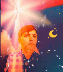 a man in a plaid shirt with a crescent moon and stars in the background