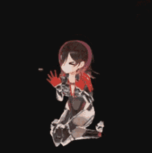 a cartoon girl is kneeling down in a dark room with red gloves on .
